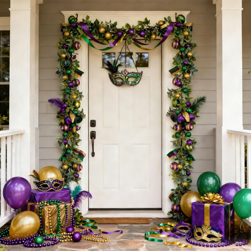 Egolot Mardi Gras Bead Garland, 70 Inch Glitter Purple Gold Green Ball Garland with Lamb Ear Leaves for Mantel Door Wall, Carnival Indoor Outdoor Home Decor - Image 3