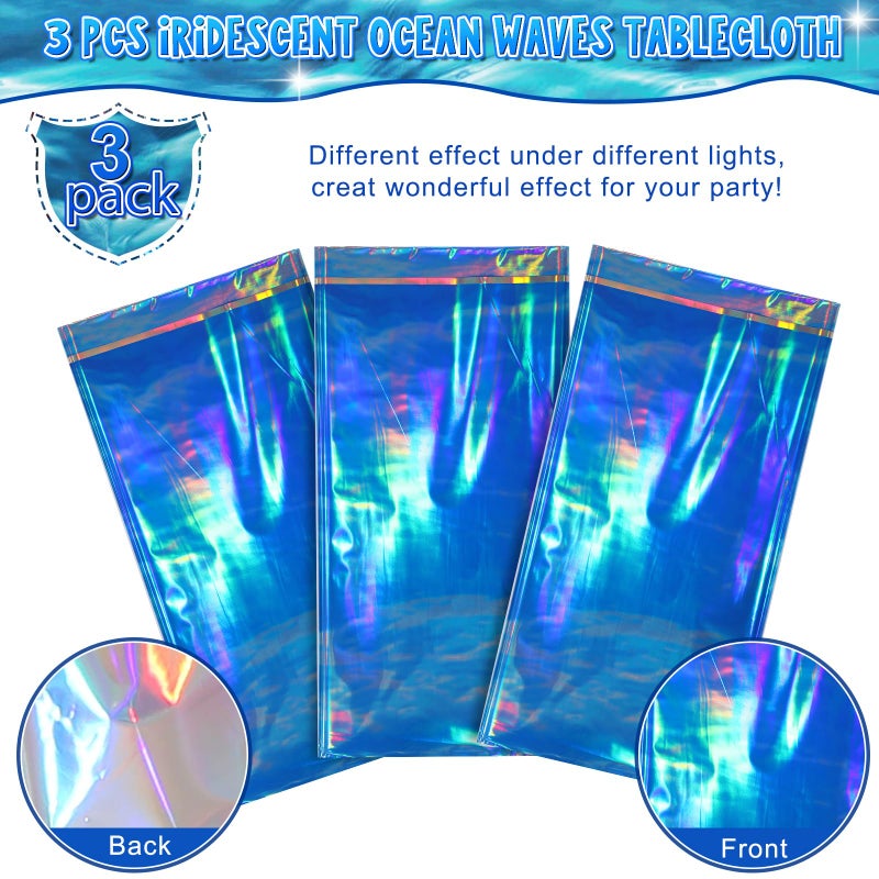 Hallswl 3 Pcs Iridescent Waves Tablecloths - Disposable Plastic Ocean Blue Table Cloth Rectangle Table Covers for Under the Sea Beach Surf Pool Party Birthday Party Decorations, 54 x 108 Inch - Image 4