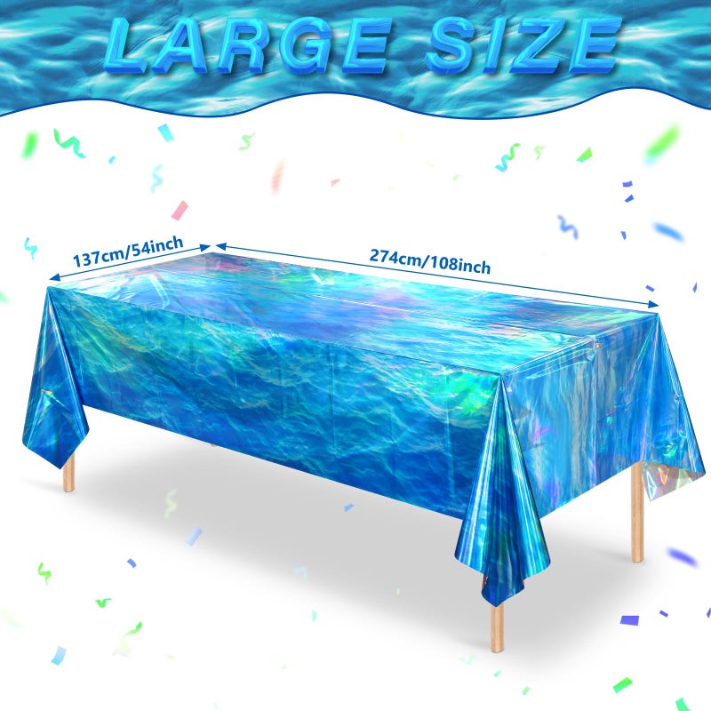 Hallswl 3 Pcs Iridescent Waves Tablecloths - Disposable Plastic Ocean Blue Table Cloth Rectangle Table Covers for Under the Sea Beach Surf Pool Party Birthday Party Decorations, 54 x 108 Inch - Image 2