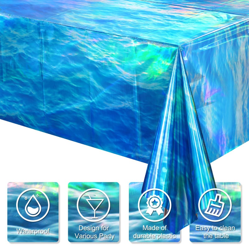 Hallswl 3 Pcs Iridescent Waves Tablecloths - Disposable Plastic Ocean Blue Table Cloth Rectangle Table Covers for Under the Sea Beach Surf Pool Party Birthday Party Decorations, 54 x 108 Inch - Image 3