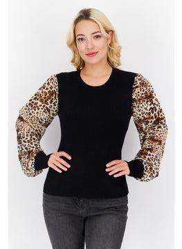 Women Crew Neck Long Sleeves Animal Print Blouse, Black Combo