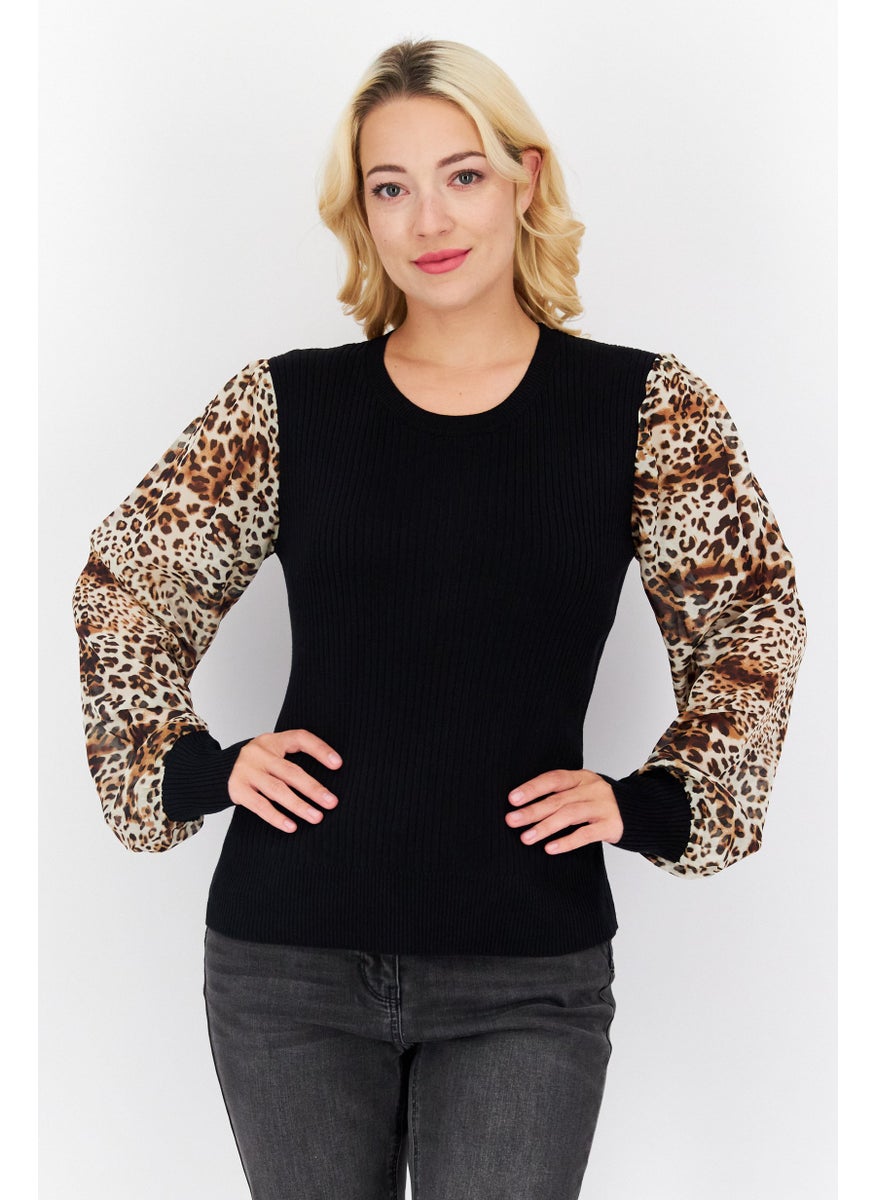 PHILOSOPHY - Women Crew Neck Long Sleeves Animal Print Blouse, Black Combo - Image 1