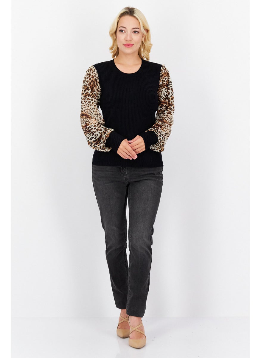 PHILOSOPHY - Women Crew Neck Long Sleeves Animal Print Blouse, Black Combo - Image 1