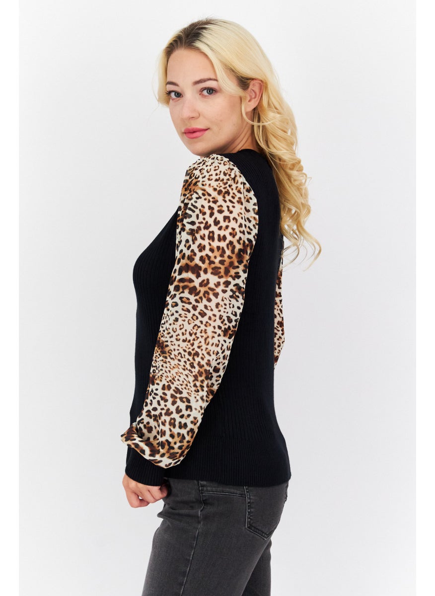 PHILOSOPHY - Women Crew Neck Long Sleeves Animal Print Blouse, Black Combo - Image 1