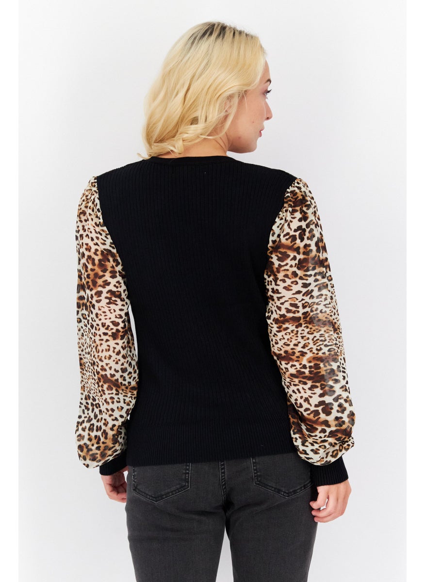 PHILOSOPHY - Women Crew Neck Long Sleeves Animal Print Blouse, Black Combo - Image 1