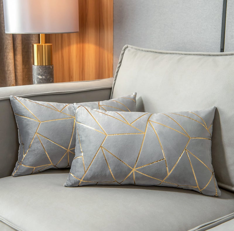 YONGLIU YONGLIU Pack of 2 Soft Velvet Lumbar Throw Pillow Covers Decorative Gold Foil Geometric Pattern Cute Cushion Case for  Couch Living Room Sofa Bedroom Car (Grey and Gold  12X20 )  - Image 1