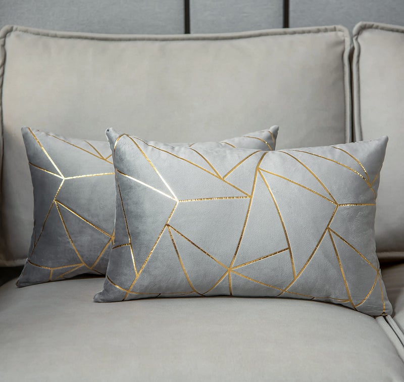 YONGLIU YONGLIU Pack of 2 Soft Velvet Lumbar Throw Pillow Covers Decorative Gold Foil Geometric Pattern Cute Cushion Case for  Couch Living Room Sofa Bedroom Car (Grey and Gold  12X20 )  - Image 2
