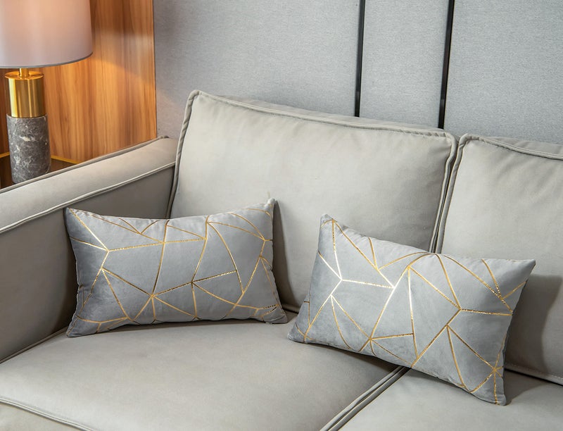 YONGLIU YONGLIU Pack of 2 Soft Velvet Lumbar Throw Pillow Covers Decorative Gold Foil Geometric Pattern Cute Cushion Case for  Couch Living Room Sofa Bedroom Car (Grey and Gold  12X20 )  - Image 3