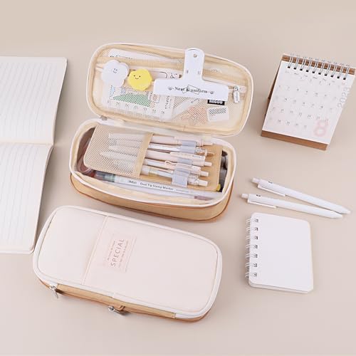iSuperb Big Capacity Pencil Case Large Pencil Pouch Stationery Pen Bag for Teen Girls Boys, Back to School Supplies(Khaki+Beige) - Image 2