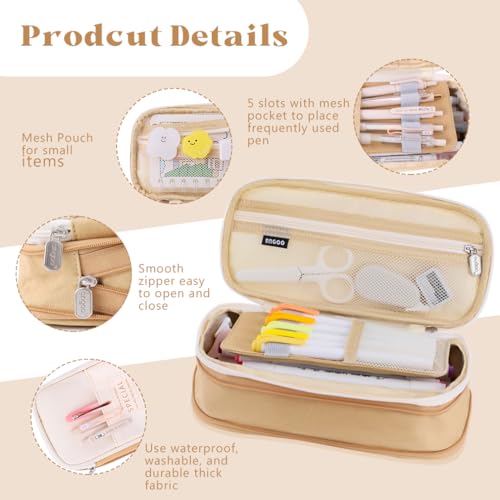 iSuperb Big Capacity Pencil Case Large Pencil Pouch Stationery Pen Bag for Teen Girls Boys, Back to School Supplies(Khaki+Beige) - Image 3