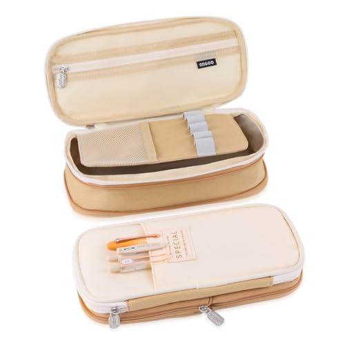 iSuperb Big Capacity Pencil Case Large Pencil Pouch Stationery Pen Bag for Teen Girls Boys, Back to School Supplies(Khaki+Beige) - Image 1