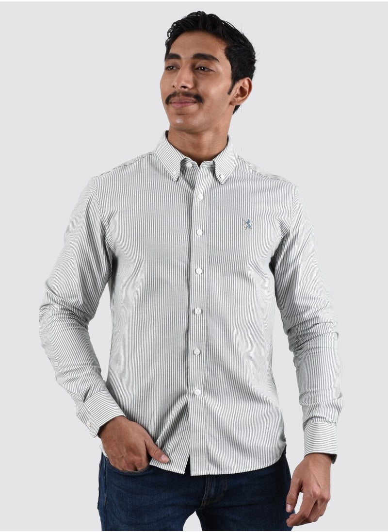 GIORDANO - Men's Lion Oxford Shirt - Green White Stripe - Image 1