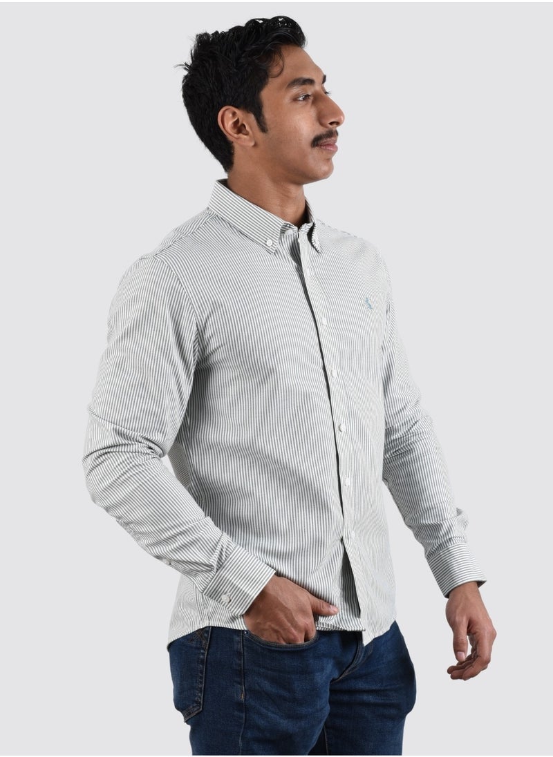 GIORDANO - Men's Lion Oxford Shirt - Green White Stripe - Image 1