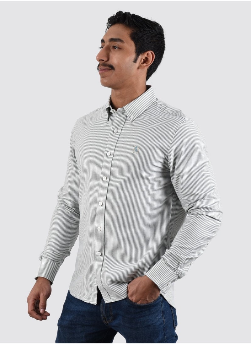 GIORDANO - Men's Lion Oxford Shirt - Green White Stripe - Image 1