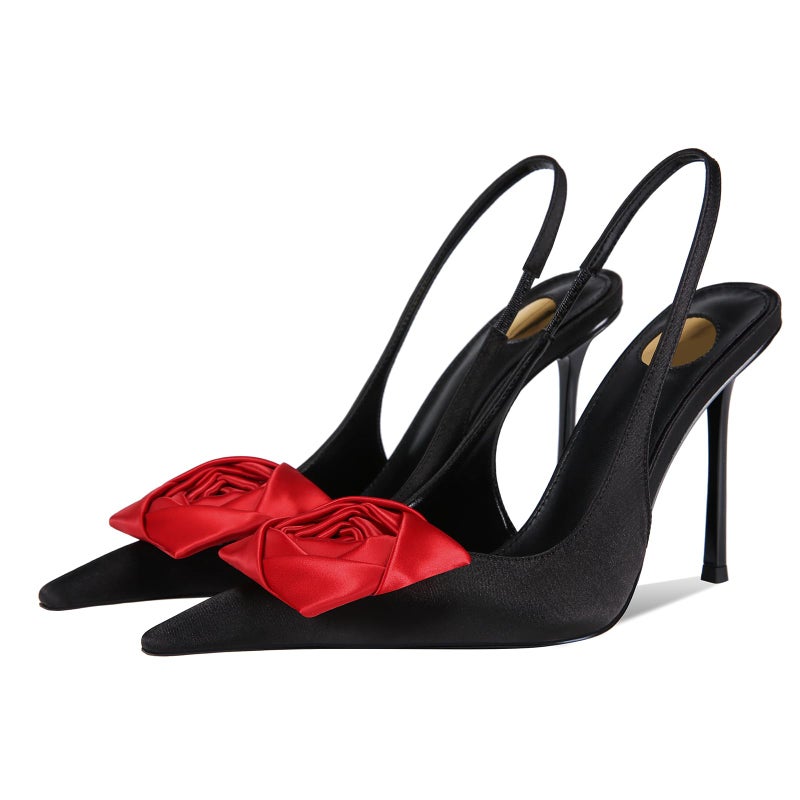 CAGLGLZ Flower High Heels for Women Closed Pointed Toe Stilettos Heel Pumps Slip On Elastic Ankle Strap Slingbacks Fashion Party Dressy Ladies Sandals Shoes(Black,10) - Image 1