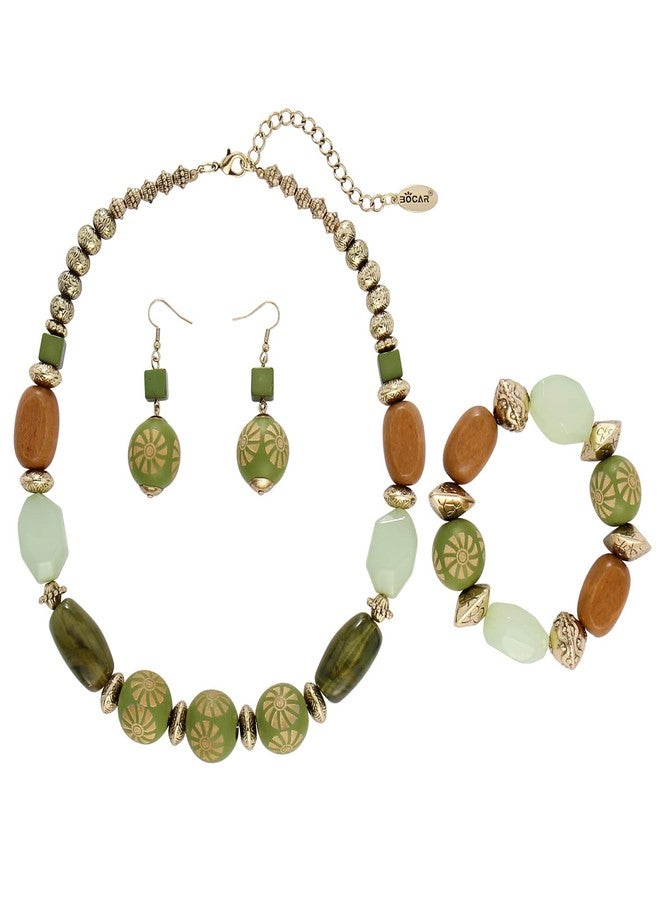 بوكار طقم بوكار مكون من 3 قطع، مصنوع يدويًا، من الخرز الخشبي السميك، يتضمن قلادة وأقراط وسوار، هدية مثالية للنساء (NK-10679-Olive) - Image 1