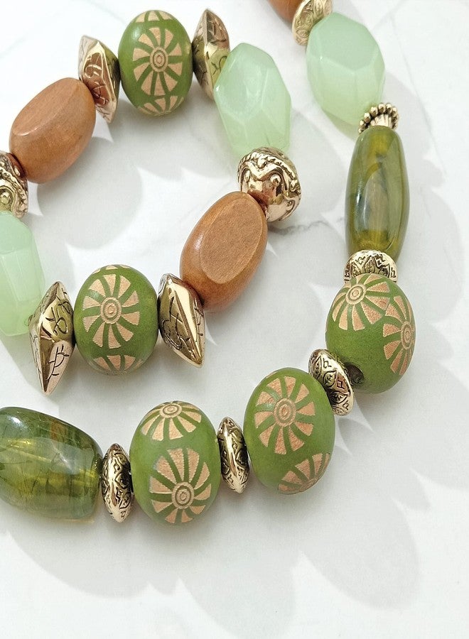 بوكار طقم بوكار مكون من 3 قطع، مصنوع يدويًا، من الخرز الخشبي السميك، يتضمن قلادة وأقراط وسوار، هدية مثالية للنساء (NK-10679-Olive) - Image 3