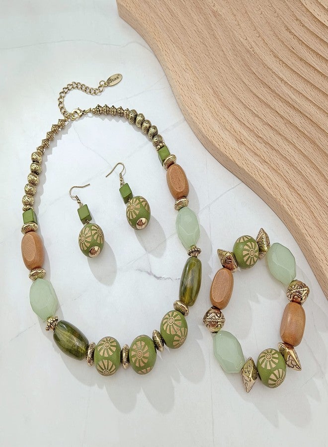 بوكار طقم بوكار مكون من 3 قطع، مصنوع يدويًا، من الخرز الخشبي السميك، يتضمن قلادة وأقراط وسوار، هدية مثالية للنساء (NK-10679-Olive) - Image 2