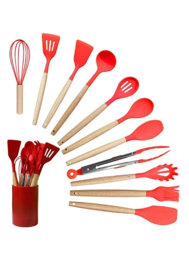 12 pcs Silicone Cooking Utensils Kitchen Utensil Set with Holder Heat Resistant Silicone Spatula Turner Set Wooden Spoons Kitchen Gadgets Tools Cooking Utensils for Nonstick Cookware - Assorted Color - Image 1