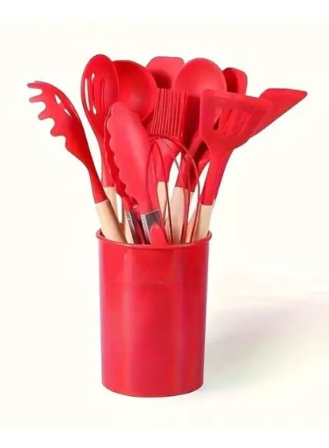 12 pcs Silicone Cooking Utensils Kitchen Utensil Set with Holder Heat Resistant Silicone Spatula Turner Set Wooden Spoons Kitchen Gadgets Tools Cooking Utensils for Nonstick Cookware - Assorted Color - Image 2