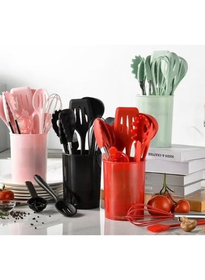 12 pcs Silicone Cooking Utensils Kitchen Utensil Set with Holder Heat Resistant Silicone Spatula Turner Set Wooden Spoons Kitchen Gadgets Tools Cooking Utensils for Nonstick Cookware - Assorted Color - Image 3