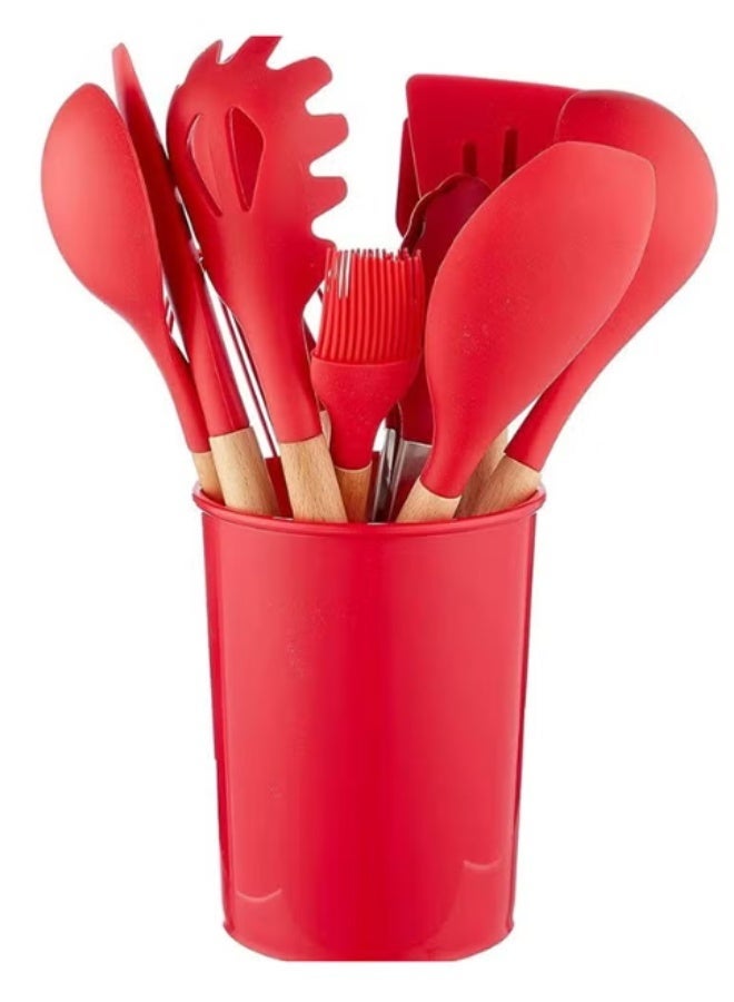 12 pcs Silicone Cooking Utensils Kitchen Utensil Set with Holder Heat Resistant Silicone Spatula Turner Set Wooden Spoons Kitchen Gadgets Tools Cooking Utensils for Nonstick Cookware - Assorted Color - Image 4