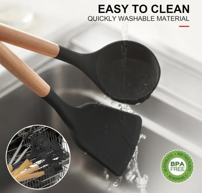 12 pcs Silicone Cooking Utensils Kitchen Utensil Set with Holder Heat Resistant Silicone Spatula Turner Set Wooden Spoons Kitchen Gadgets Tools Cooking Utensils for Nonstick Cookware - Assorted Color - Image 5