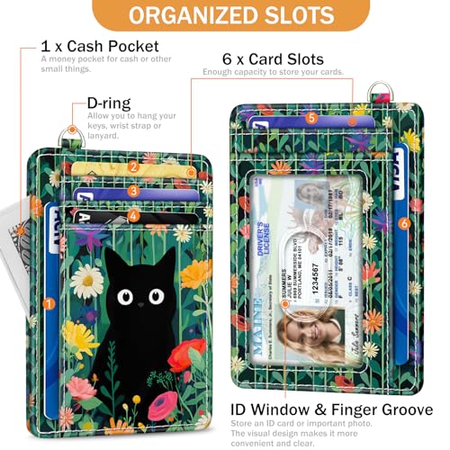 Yonlevres Cat Flower Credit Card Holder Slim Wallet, RFID Wallet Women Front Pocket Wristlet Lanyard, Small Card Holder Travel Funny Cute Thin ID Window PU Leather Case Organizer Gifts Girl - Image 4