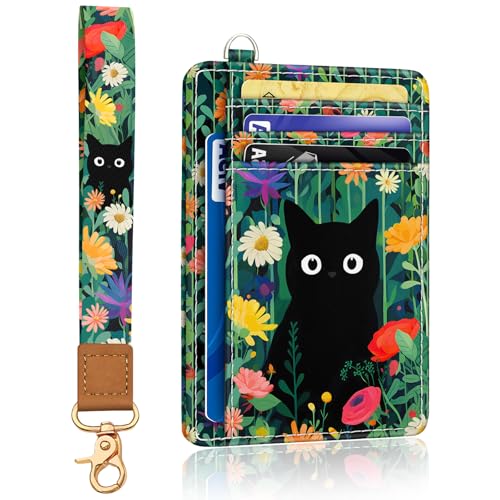 Yonlevres Cat Flower Credit Card Holder Slim Wallet, RFID Wallet Women Front Pocket Wristlet Lanyard, Small Card Holder Travel Funny Cute Thin ID Window PU Leather Case Organizer Gifts Girl - Image 1