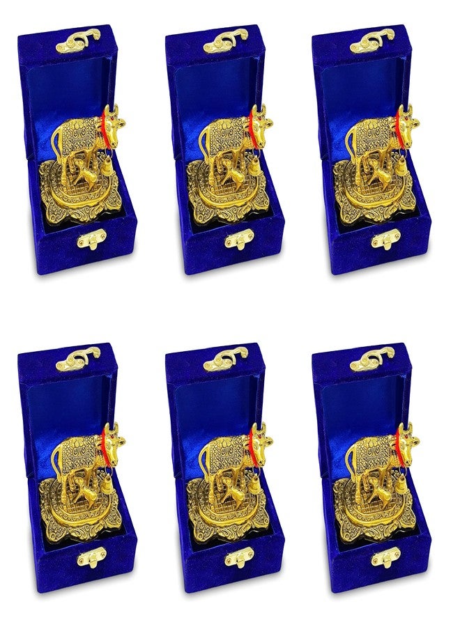 NOBILITY Pooja Items Diwali Gift Golden Small Kamdhenu Cow and Calf with Blue Box Metal Statue Decorative Item Showpiece for Home Office Decoration Wedding Return Gifts - Image 1