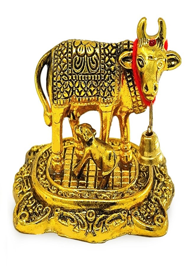 NOBILITY Pooja Items Diwali Gift Golden Small Kamdhenu Cow and Calf with Blue Box Metal Statue Decorative Item Showpiece for Home Office Decoration Wedding Return Gifts - Image 3
