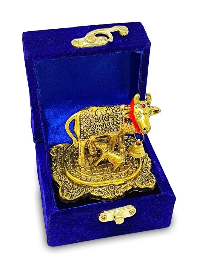 NOBILITY Pooja Items Diwali Gift Golden Small Kamdhenu Cow and Calf with Blue Box Metal Statue Decorative Item Showpiece for Home Office Decoration Wedding Return Gifts - Image 2