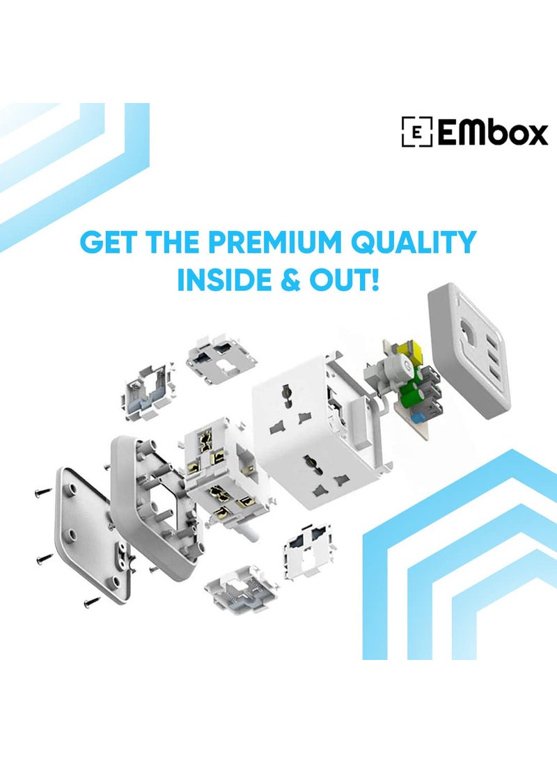 EMBOX - EMBOX Cube Extension Board with USB Port Universal Sockets and USB 24 A QC 30 Extension Board with Switches Overload Protector Indicator 2 mtr Extension Cord White Cube 2 Mtr - Image 1
