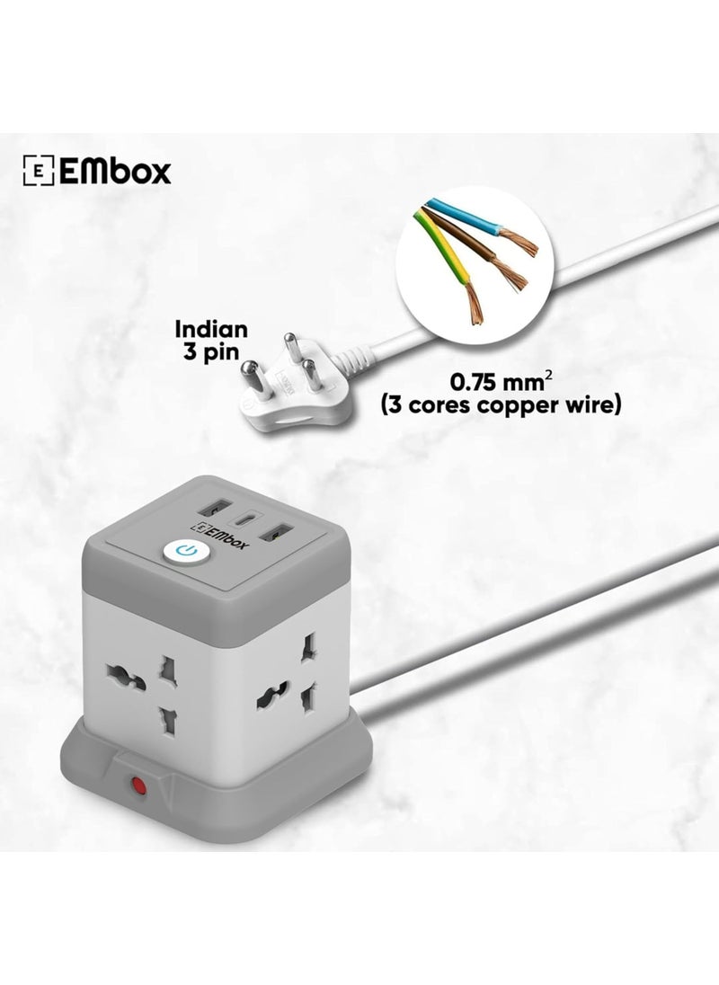 EMBOX - EMBOX Cube Extension Board with USB Port Universal Sockets and USB 24 A QC 30 Extension Board with Switches Overload Protector Indicator 2 mtr Extension Cord White Cube 2 Mtr - Image 1