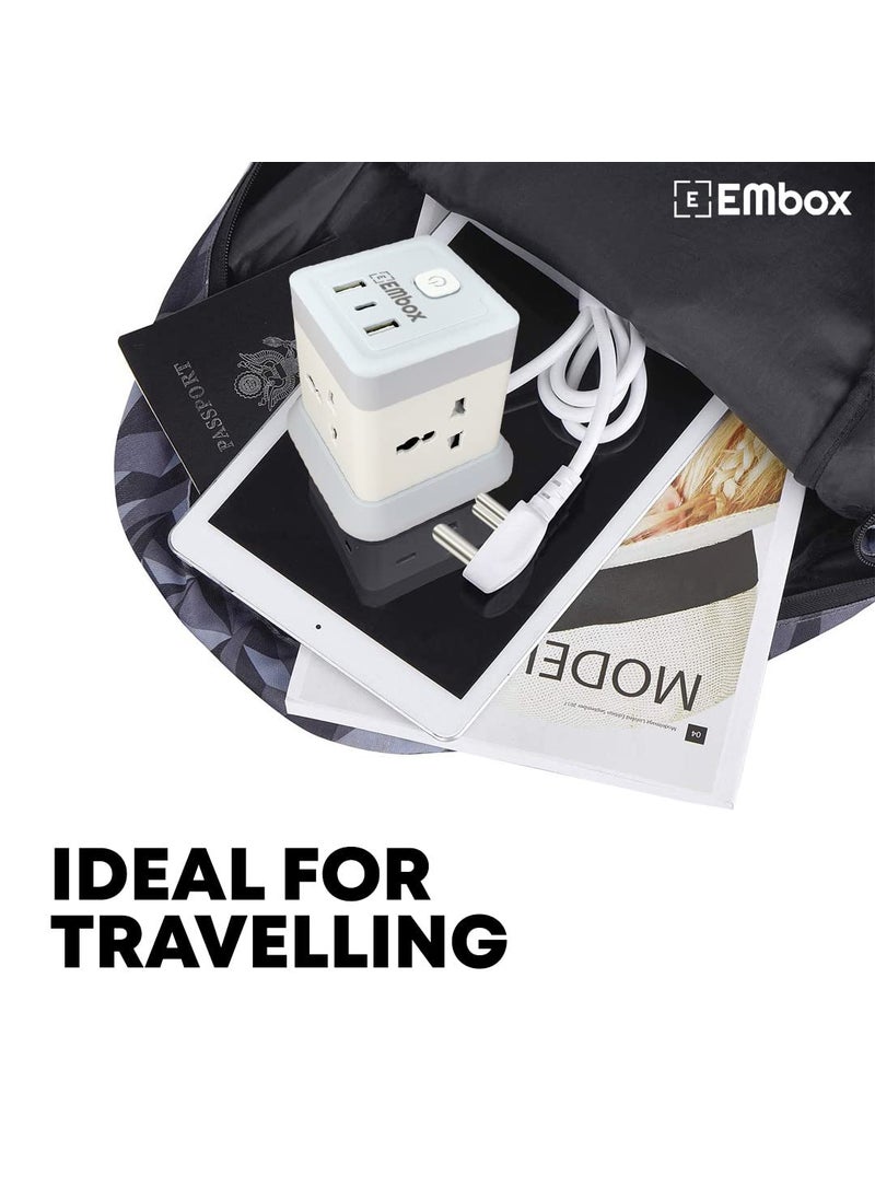 EMBOX - EMBOX Cube Extension Board with USB Port Universal Sockets and USB 24 A QC 30 Extension Board with Switches Overload Protector Indicator 2 mtr Extension Cord White Cube 2 Mtr - Image 1