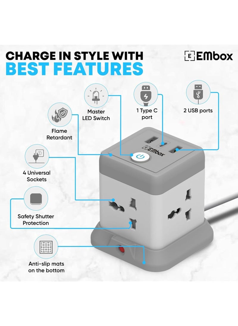 EMBOX - EMBOX Cube Extension Board with USB Port Universal Sockets and USB 24 A QC 30 Extension Board with Switches Overload Protector Indicator 2 mtr Extension Cord White Cube 2 Mtr - Image 1