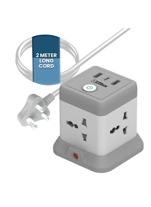 EMBOX Cube Extension Board with USB Port Universal Sockets and USB 24 A QC 30 Extension Board with Switches Overload Protector Indicator 2 mtr Extension Cord White Cube 2 Mtr