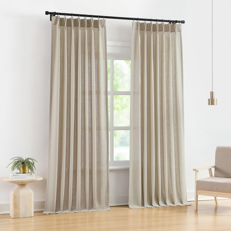 Vision Home Sand Pinch Pleated Semi Sheer Curtains Textured Linen Blended Light Filtering Window Curtains 90 inch for Living Room Bedroom Pinch Pleat Drapes with Hooks 2 Panels 40" Wx90 L,Camel Beige - Image 1
