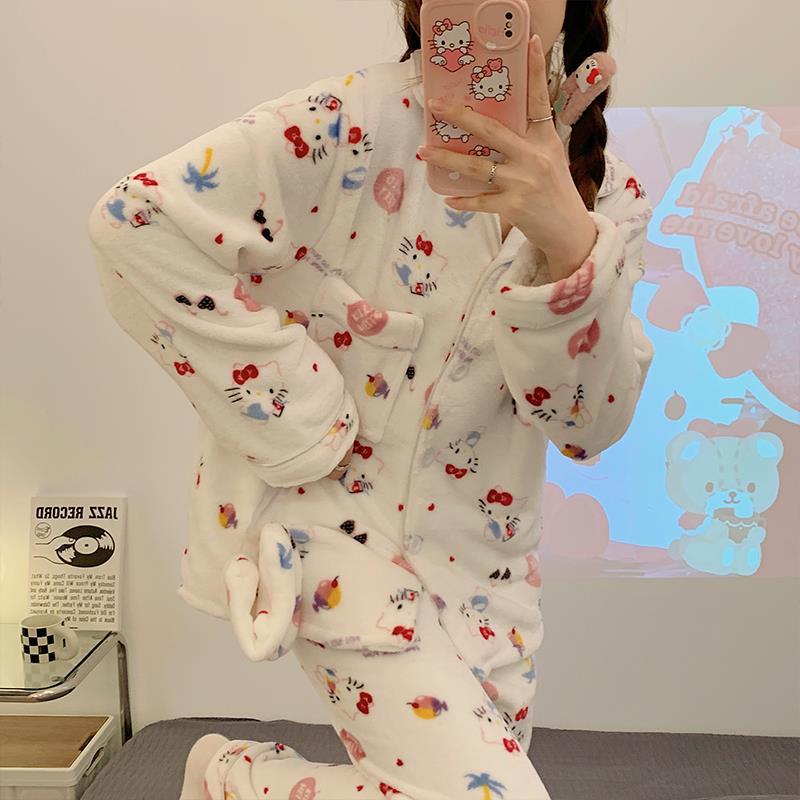 Coral Fleece Pajamas Womens Cute Thickened Warm Home Suit S2221#KT cat-eye mask