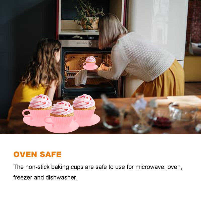 Qancesd Silicone Cupcake Liners, 16 Pcs Silicone Muffin Cups for Baking, Reusable Muffin Liners, Teacup Cupcake Baking Cups, 8 Cups & 8 Saucers, Pink - Image 5