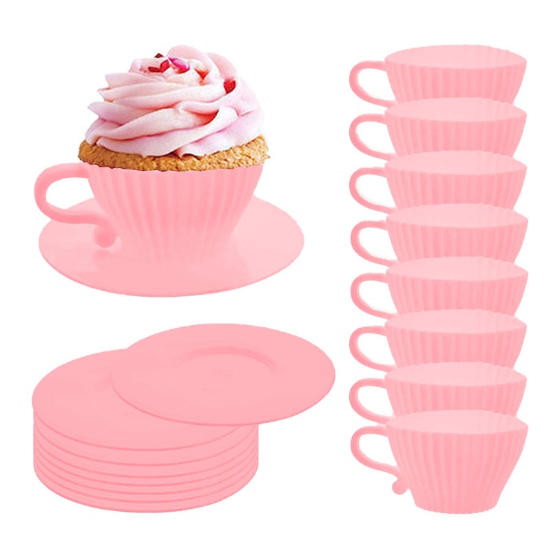 Qancesd Silicone Cupcake Liners, 16 Pcs Silicone Muffin Cups for Baking, Reusable Muffin Liners, Teacup Cupcake Baking Cups, 8 Cups & 8 Saucers, Pink - Image 1