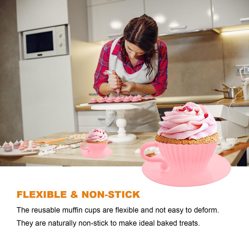 Qancesd Silicone Cupcake Liners, 16 Pcs Silicone Muffin Cups for Baking, Reusable Muffin Liners, Teacup Cupcake Baking Cups, 8 Cups & 8 Saucers, Pink - Image 4