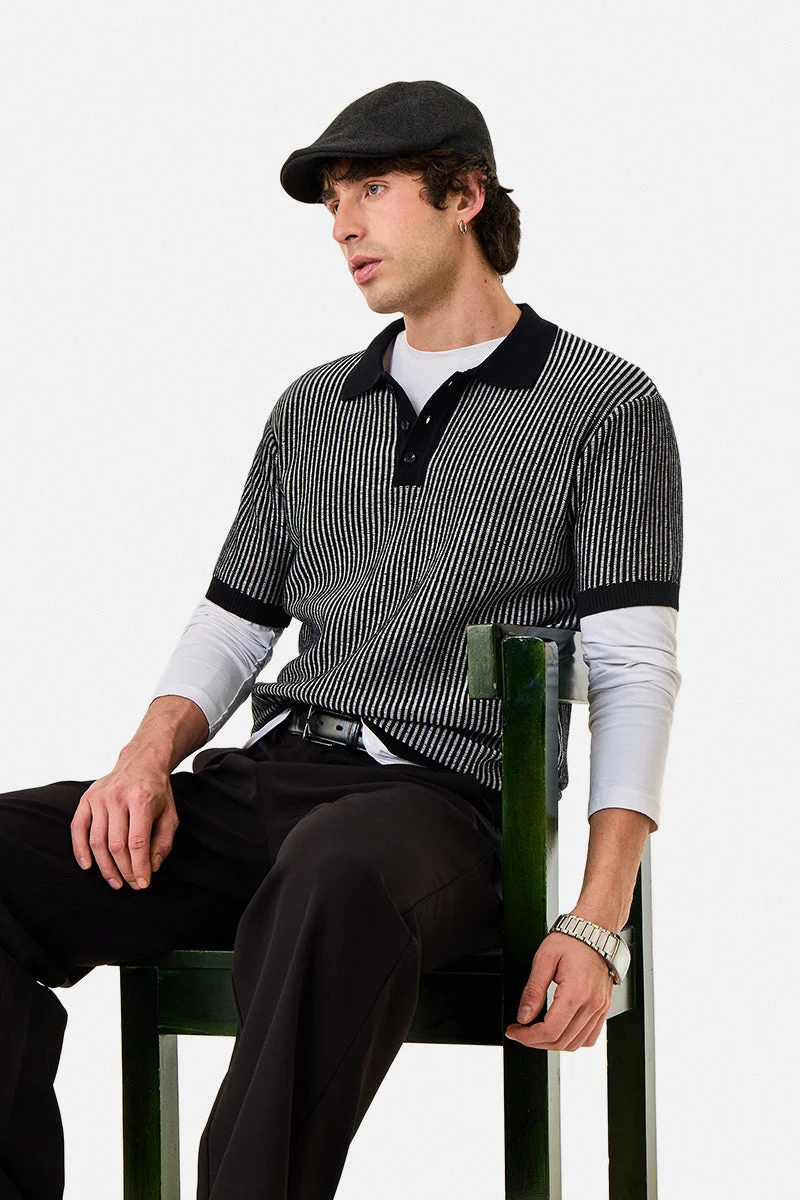 SNITCH Polo Cotton Blend Regular Fit Stripes T-Shirt