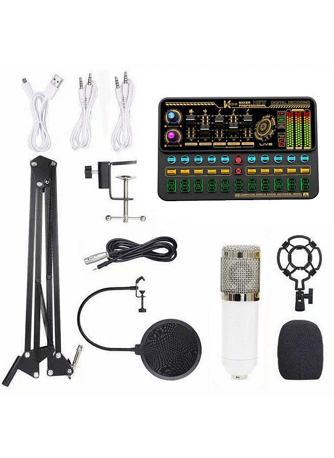 Multifunctional Live SK500 Sound Card and BM800 Suspension Microphone Kit Broadcasting Recording Condenser Microphone Set Intelligent Voice Changer Device Audio Mixer for Computers and Mobilephone