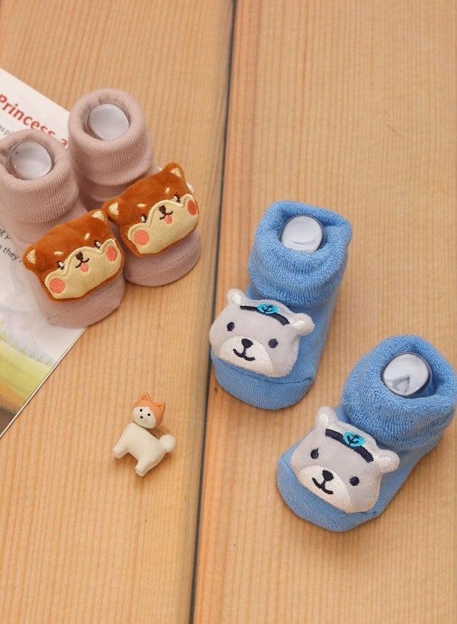Yellow Bee Cotton Baby Animal-Themed Rattle Socks Set for Boys, Pack of 2- Beige and Blue, 0-12 Months - Image 2