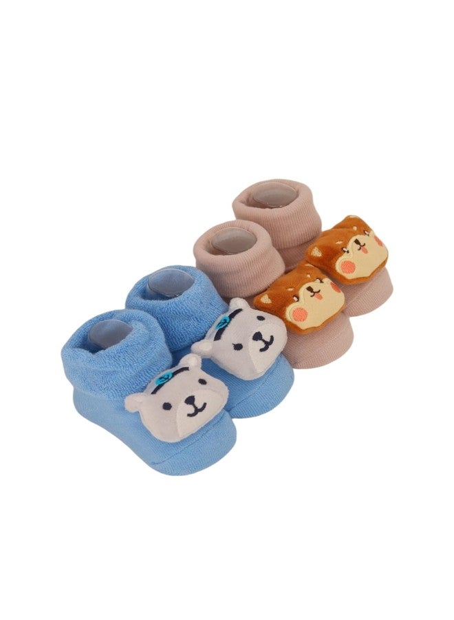 Yellow Bee Cotton Baby Animal-Themed Rattle Socks Set for Boys, Pack of 2- Beige and Blue, 0-12 Months - Image 3