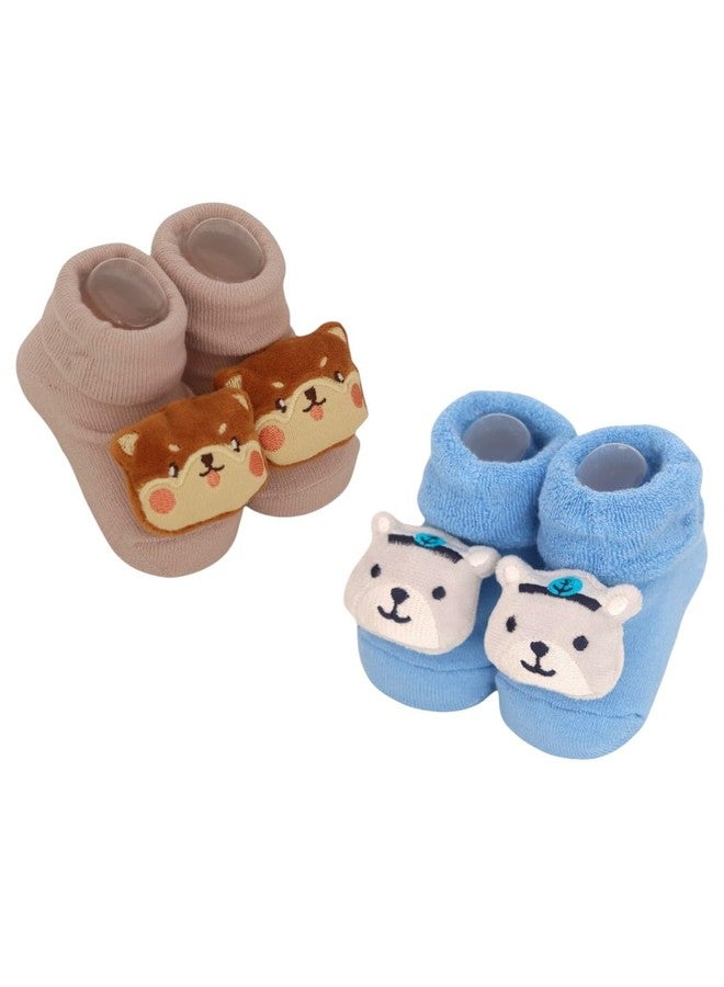 Yellow Bee Cotton Baby Animal-Themed Rattle Socks Set for Boys, Pack of 2- Beige and Blue, 0-12 Months - Image 1