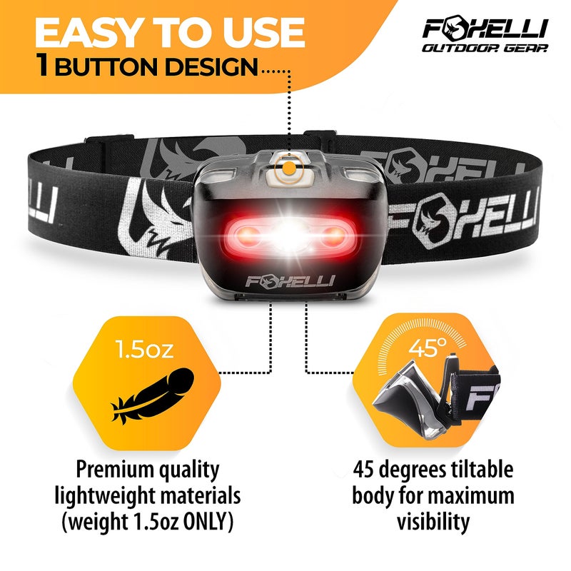 Foxelli LED Headlamp Flashlight for Adults & Kids, Running, Camping, Hiking Head Lamp with White & Red Light, Comfortable Headband, Lightweight & Waterproof, 3 AAA Batteries - Image 2