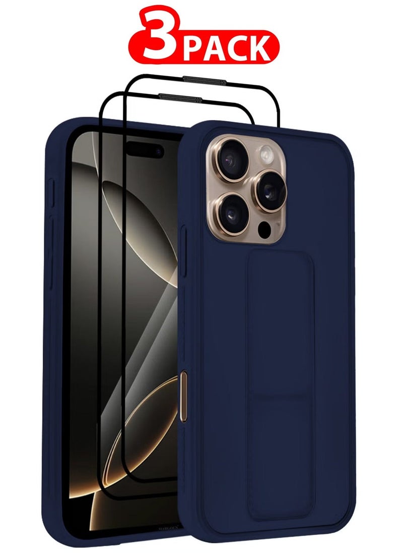 Raxoom 3-Pack Premium PU Leather Case & Screen Protectors for iPhone 16 Pro Max â€“ Shockproof, Anti-Scratch, Stand Function, Finger Grip Case Cover (Blue) - Image 1