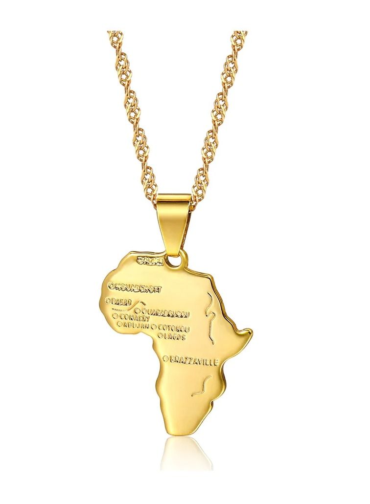 Africa Map Pendant and Letter Carved Design Map of Africa Shaped 18k Gold Plated Necklace, African gift for her, UNISEX African Pendant Gift - Image 1